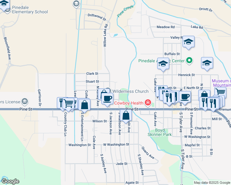 map of restaurants, bars, coffee shops, grocery stores, and more near 716 Bonneville Street in Pinedale