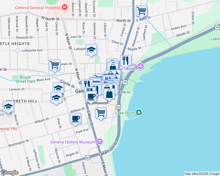 map of restaurants, bars, coffee shops, grocery stores, and more near 436 Exchange Street in Geneva