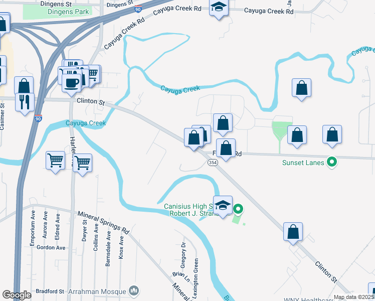 map of restaurants, bars, coffee shops, grocery stores, and more near 2701 Clinton Street in Buffalo