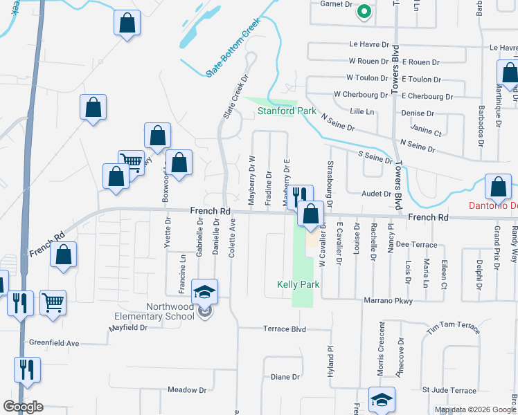 map of restaurants, bars, coffee shops, grocery stores, and more near 8 Fradine Drive in Buffalo
