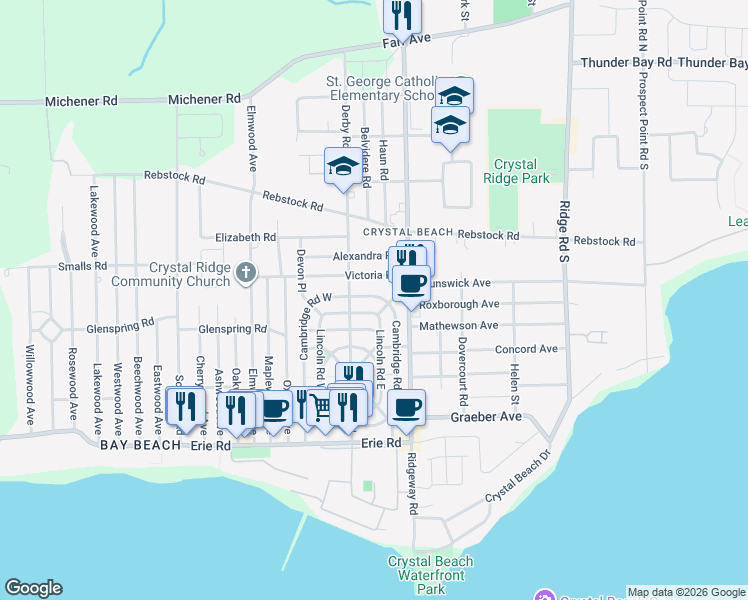 map of restaurants, bars, coffee shops, grocery stores, and more near 25 Cambridge Road East in Fort Erie