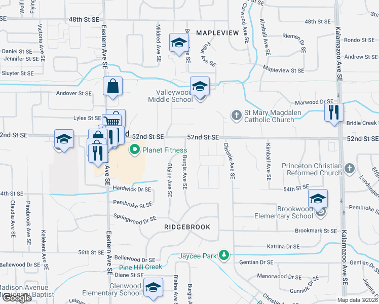 map of restaurants, bars, coffee shops, grocery stores, and more near 5238 Burgis Avenue Southeast in Kentwood