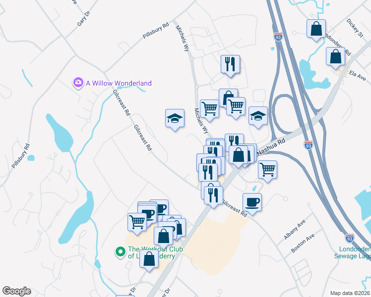 map of restaurants, bars, coffee shops, grocery stores, and more near 1F Commons Drive in Londonderry