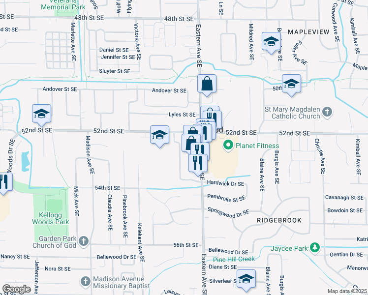 map of restaurants, bars, coffee shops, grocery stores, and more near 5252 Wyndtree Lane Southeast in Kentwood