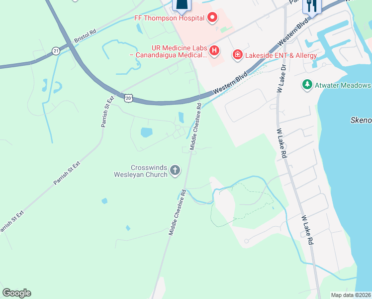 map of restaurants, bars, coffee shops, grocery stores, and more near 3350 Middle Cheshire Road in Canandaigua