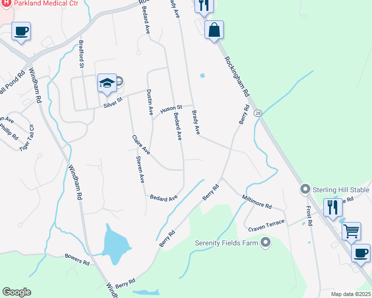 map of restaurants, bars, coffee shops, grocery stores, and more near 58 Bedard Avenue in Derry