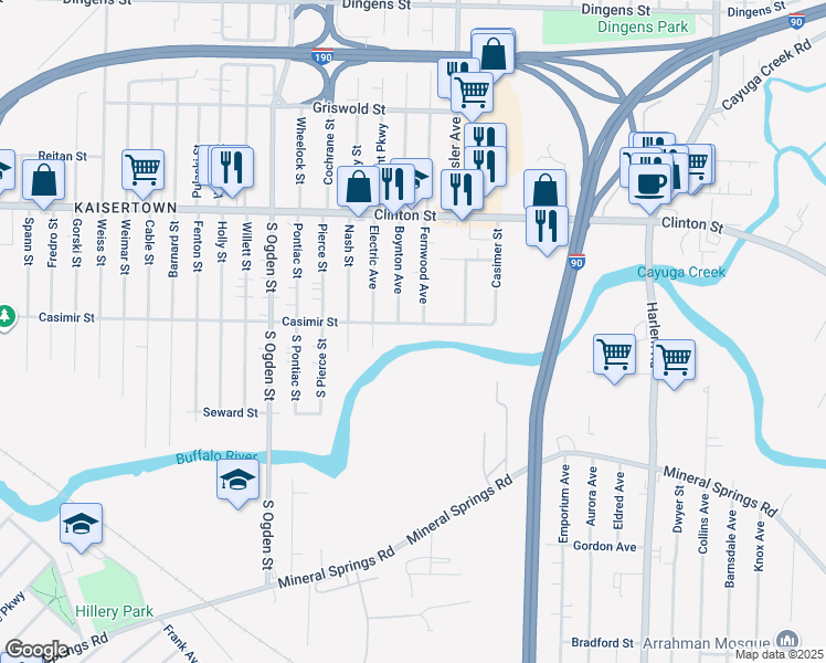 map of restaurants, bars, coffee shops, grocery stores, and more near 327 Casimer Street in Buffalo