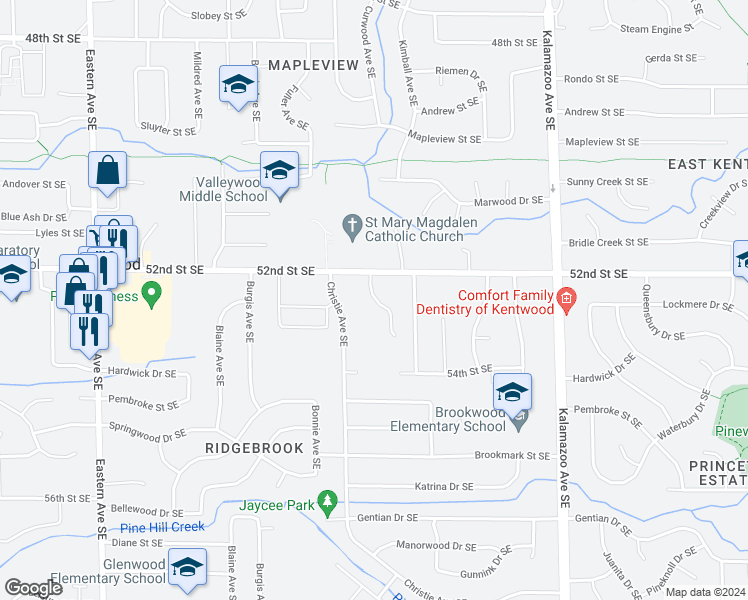 map of restaurants, bars, coffee shops, grocery stores, and more near 5247 Green Pine Court Southeast in Kentwood