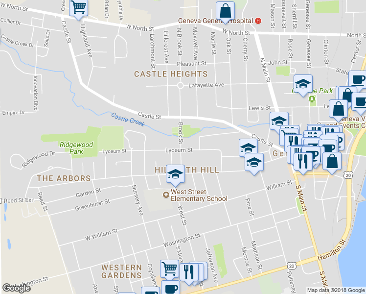 map of restaurants, bars, coffee shops, grocery stores, and more near 74 Lyceum Street in Geneva