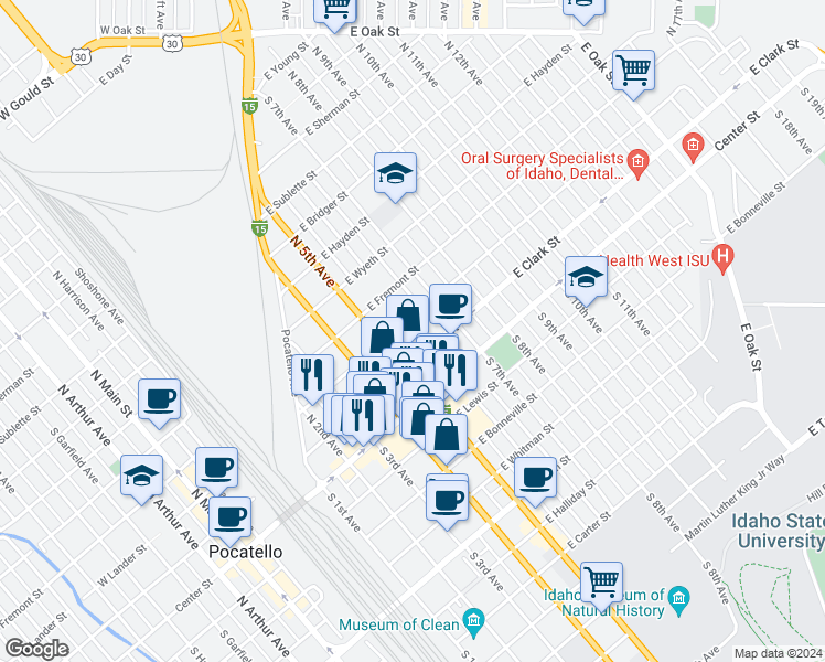 map of restaurants, bars, coffee shops, grocery stores, and more near 243 North 6th Avenue in Pocatello