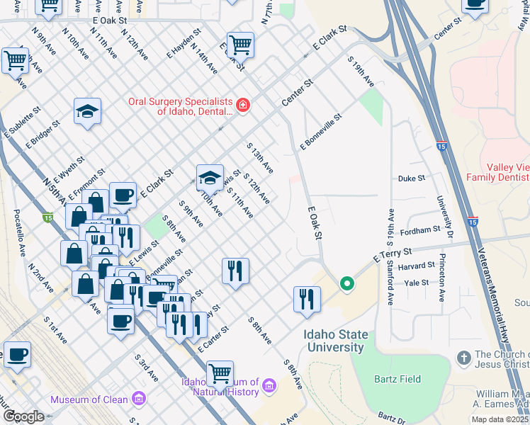 map of restaurants, bars, coffee shops, grocery stores, and more near 1239 East Whitman Street in Pocatello