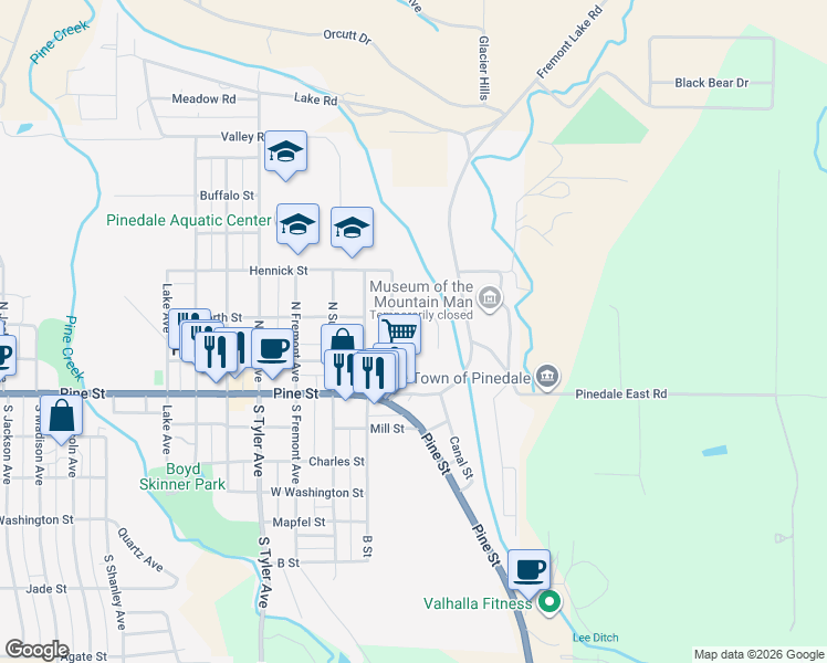 map of restaurants, bars, coffee shops, grocery stores, and more near 353-399 Faler Ave in Pinedale