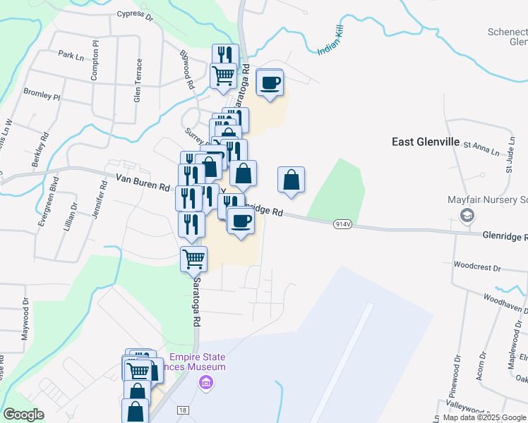 map of restaurants, bars, coffee shops, grocery stores, and more near 15 Glenridge Road in Schenectady