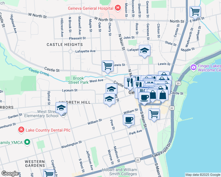 map of restaurants, bars, coffee shops, grocery stores, and more near 20 Pulteney Street in Geneva