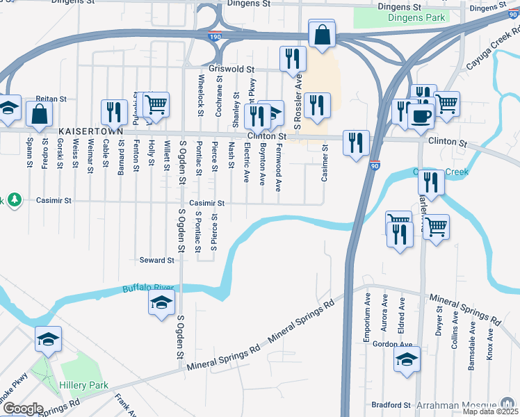 map of restaurants, bars, coffee shops, grocery stores, and more near 299 Casimer Street in Buffalo