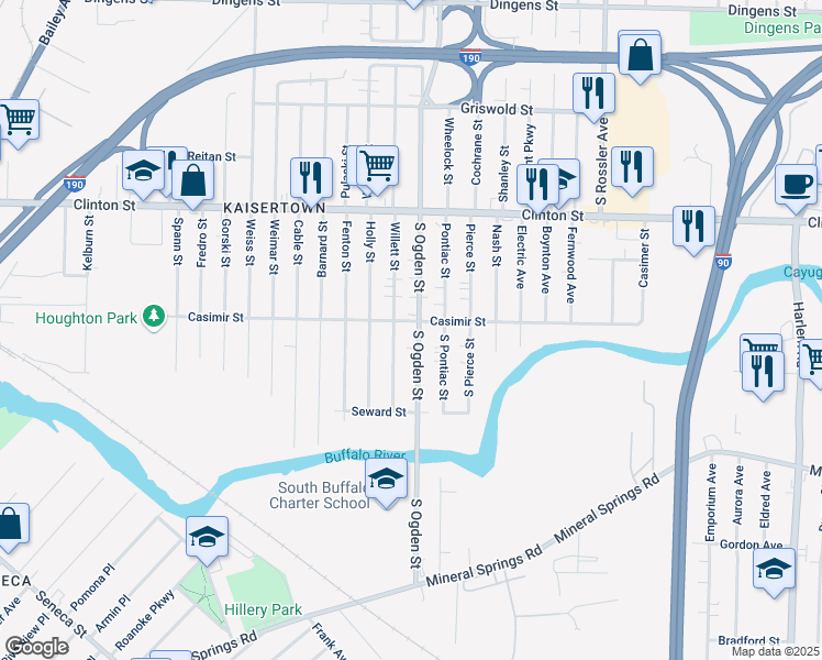 map of restaurants, bars, coffee shops, grocery stores, and more near 272 South Ogden Street in Buffalo