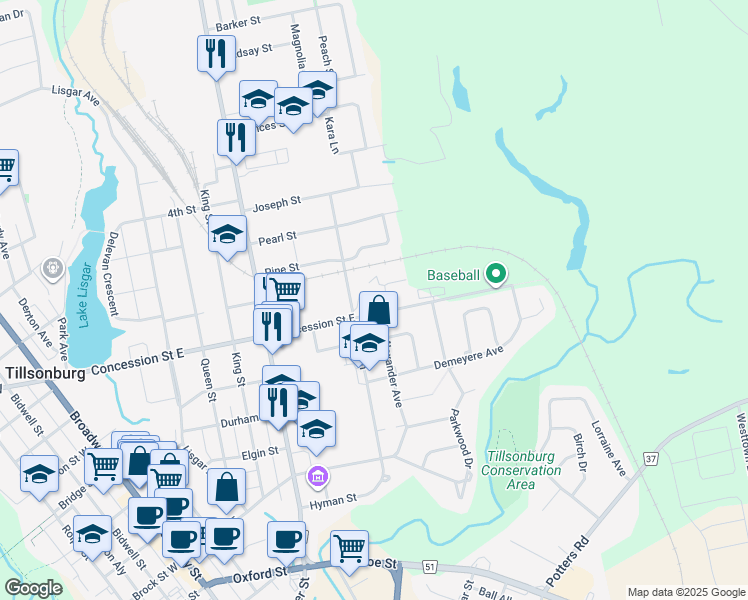 map of restaurants, bars, coffee shops, grocery stores, and more near 138 Maple Lane in Tillsonburg