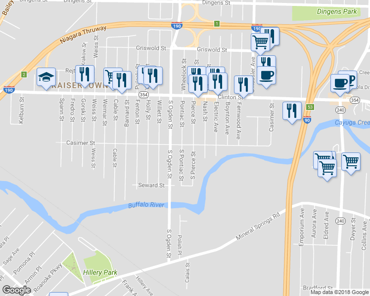 map of restaurants, bars, coffee shops, grocery stores, and more near 127 South Pontiac Street in Buffalo
