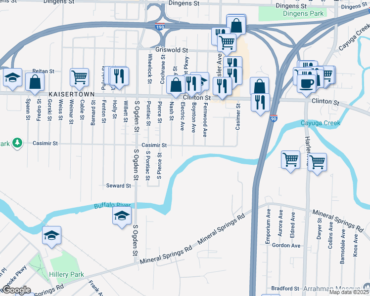 map of restaurants, bars, coffee shops, grocery stores, and more near 299 Casimer Street in West Seneca