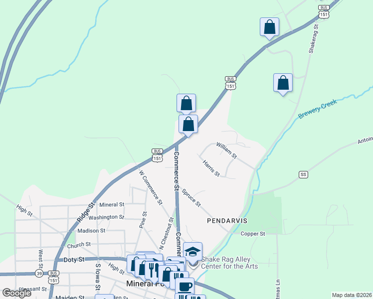 map of restaurants, bars, coffee shops, grocery stores, and more near 607 Dodge Street in Mineral Point