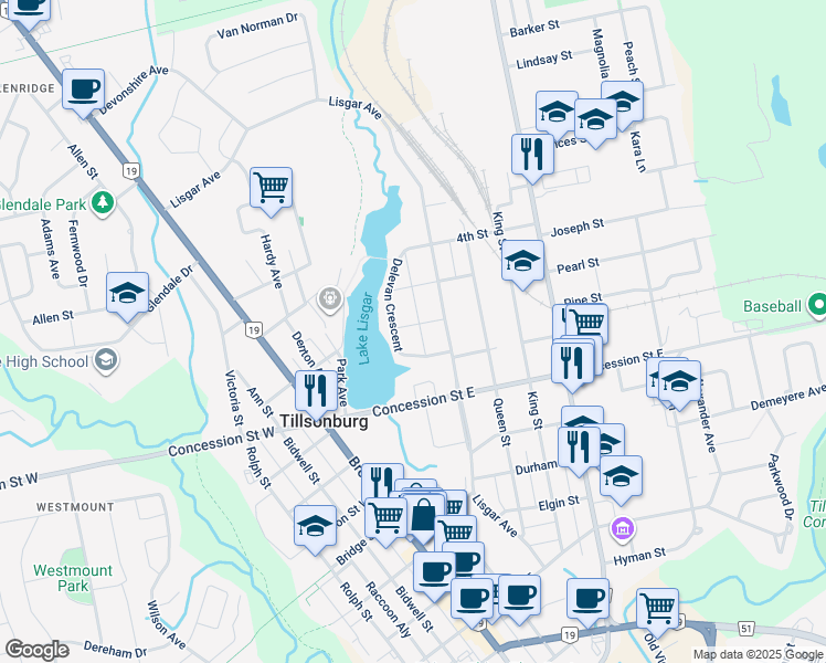 map of restaurants, bars, coffee shops, grocery stores, and more near 7 2nd Street in Tillsonburg