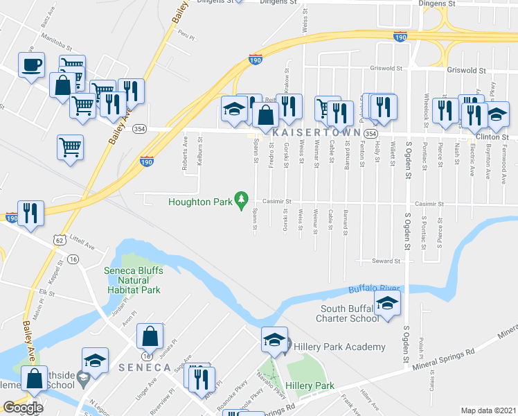 map of restaurants, bars, coffee shops, grocery stores, and more near 25 Spann Street in Buffalo