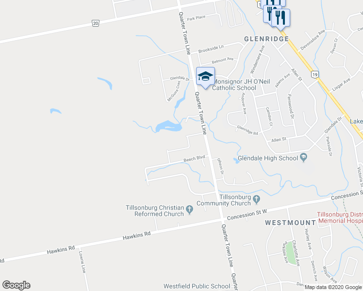 map of restaurants, bars, coffee shops, grocery stores, and more near 14 Greeneagle Drive in Tillsonburg