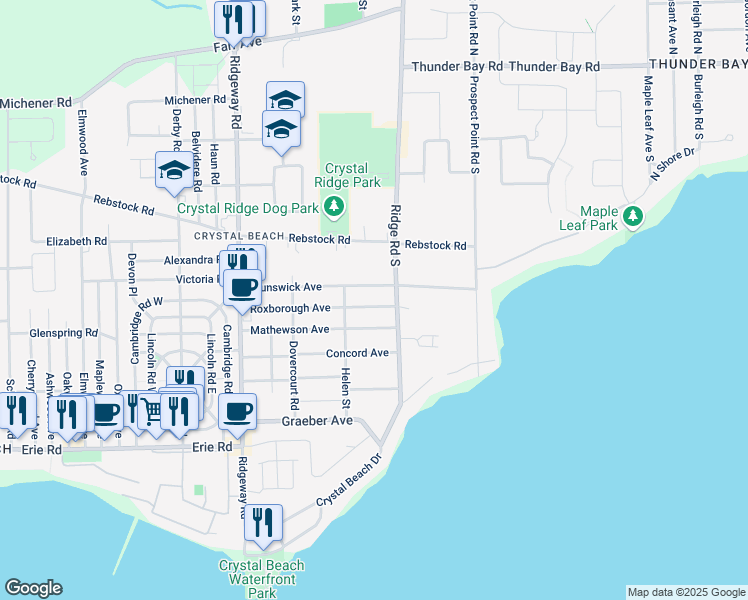 map of restaurants, bars, coffee shops, grocery stores, and more near 3714 Roxborough Avenue in Fort Erie