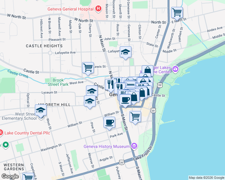 map of restaurants, bars, coffee shops, grocery stores, and more near 244 North Main Street in Geneva