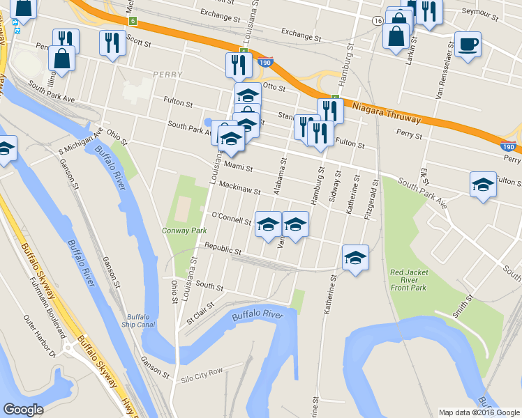 map of restaurants, bars, coffee shops, grocery stores, and more near 139 Vincennes Street in Buffalo