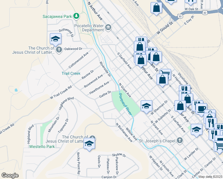 map of restaurants, bars, coffee shops, grocery stores, and more near 20 Trail Creek Road in Pocatello