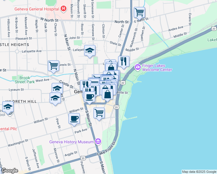 map of restaurants, bars, coffee shops, grocery stores, and more near 426 Exchange Street in Geneva