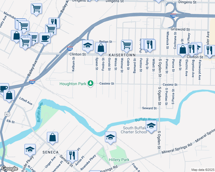 map of restaurants, bars, coffee shops, grocery stores, and more near 56 Gorski Street in Buffalo