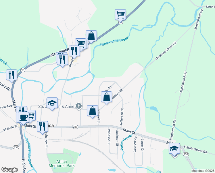 map of restaurants, bars, coffee shops, grocery stores, and more near 21 Elm St in Attica