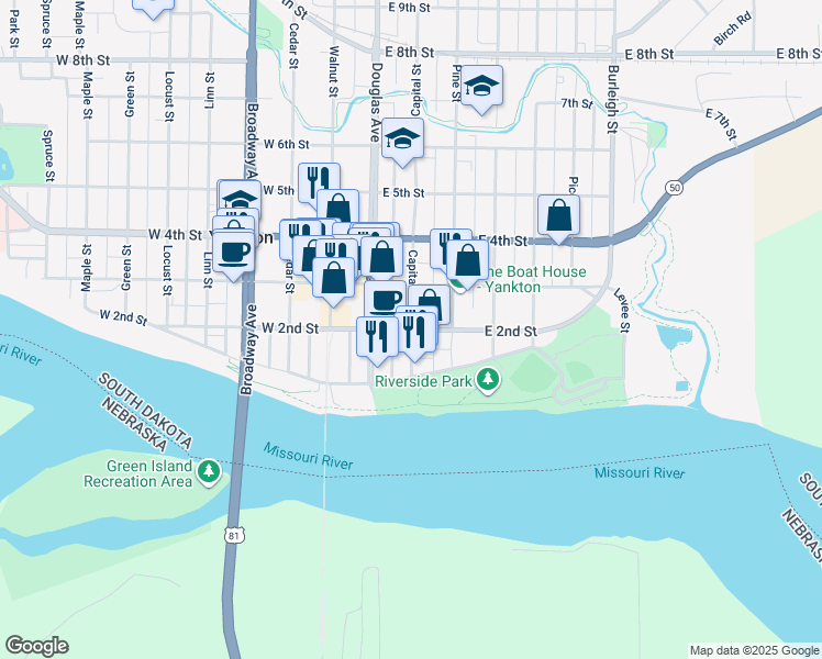 map of restaurants, bars, coffee shops, grocery stores, and more near in Yankton