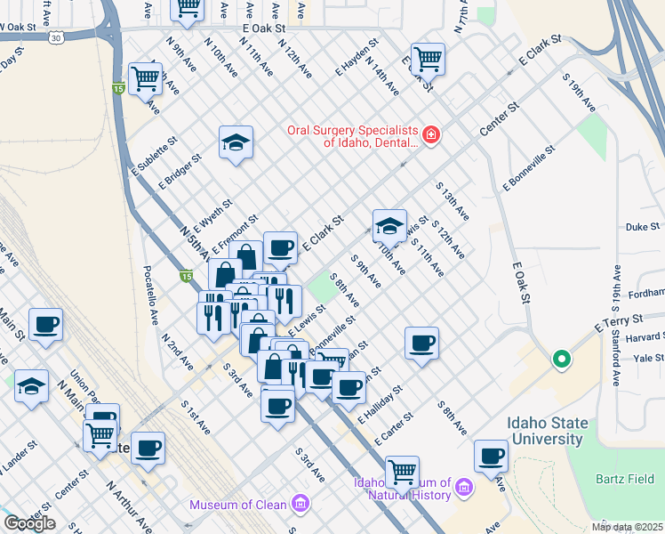 map of restaurants, bars, coffee shops, grocery stores, and more near 106 South 8th Avenue in Pocatello