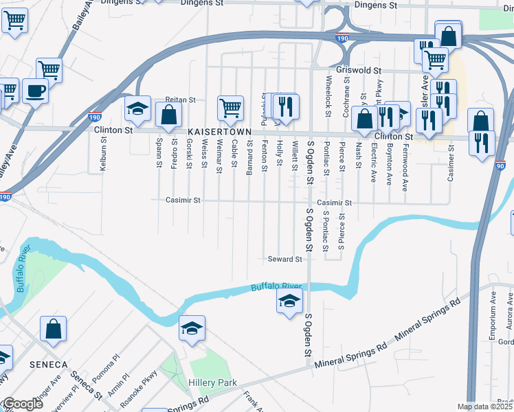 map of restaurants, bars, coffee shops, grocery stores, and more near 127 Casimir Street in Buffalo