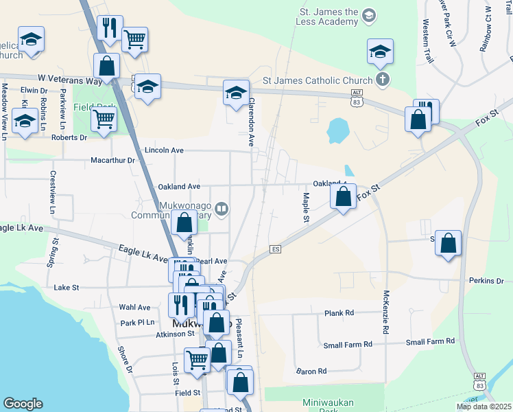 map of restaurants, bars, coffee shops, grocery stores, and more near 616 Grand Ave in Mukwonago