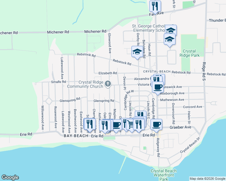 map of restaurants, bars, coffee shops, grocery stores, and more near 257 Maplewood Avenue in Fort Erie