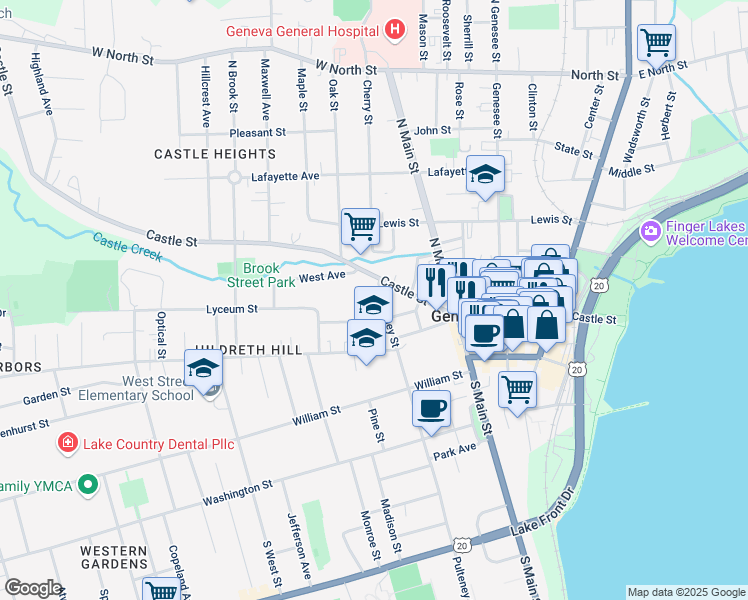 map of restaurants, bars, coffee shops, grocery stores, and more near 20 Pulteney Street in Geneva