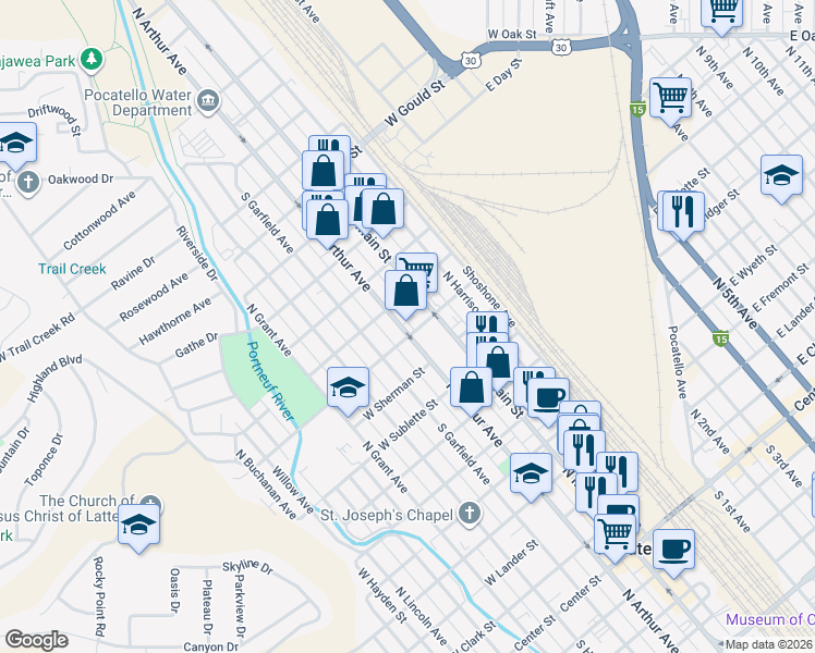map of restaurants, bars, coffee shops, grocery stores, and more near 1010 North Arthur Avenue in Pocatello