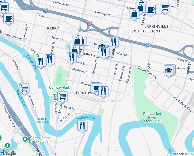 map of restaurants, bars, coffee shops, grocery stores, and more near 148 Vandalia Street in Buffalo