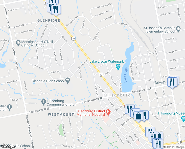 map of restaurants, bars, coffee shops, grocery stores, and more near 65 Victoria Street in Tillsonburg