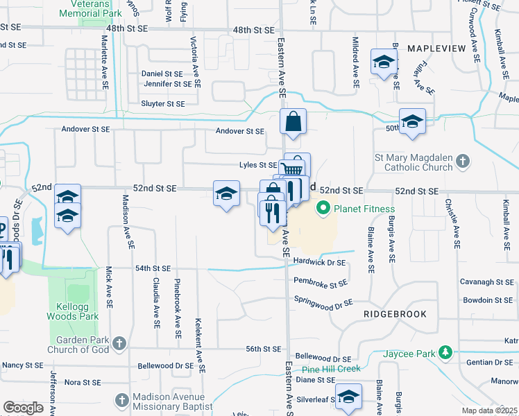 map of restaurants, bars, coffee shops, grocery stores, and more near 5252 Wyndtree Lane Southeast in Grand Rapids