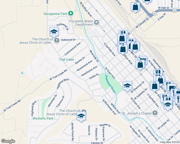 map of restaurants, bars, coffee shops, grocery stores, and more near 109 Hawthorne Avenue in Pocatello