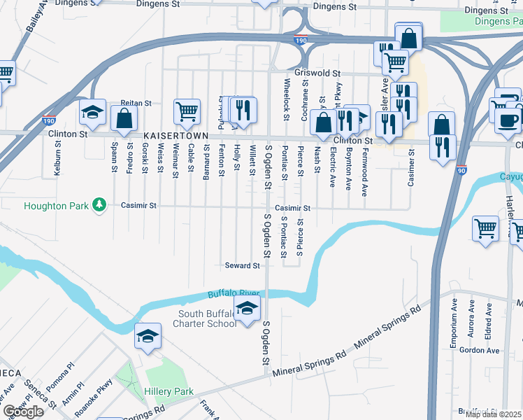 map of restaurants, bars, coffee shops, grocery stores, and more near 272 South Ogden Street in Buffalo