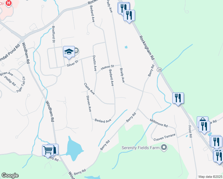 map of restaurants, bars, coffee shops, grocery stores, and more near 55 Bedard Avenue in Derry