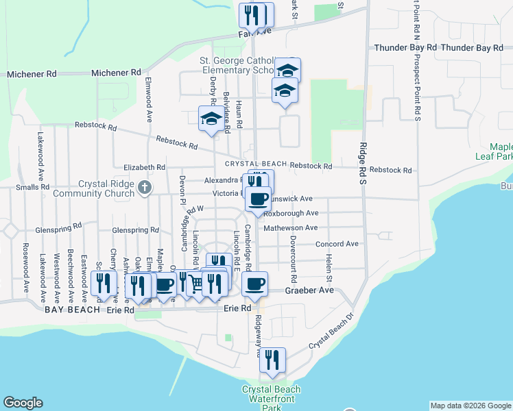 map of restaurants, bars, coffee shops, grocery stores, and more near Ridgeway Road in Fort Erie