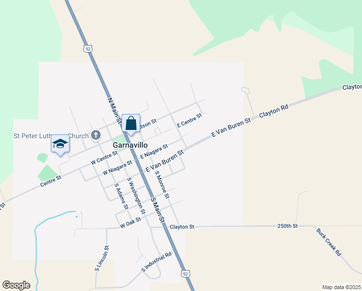 map of restaurants, bars, coffee shops, grocery stores, and more near 355-399 East Van Buren Street in Garnavillo