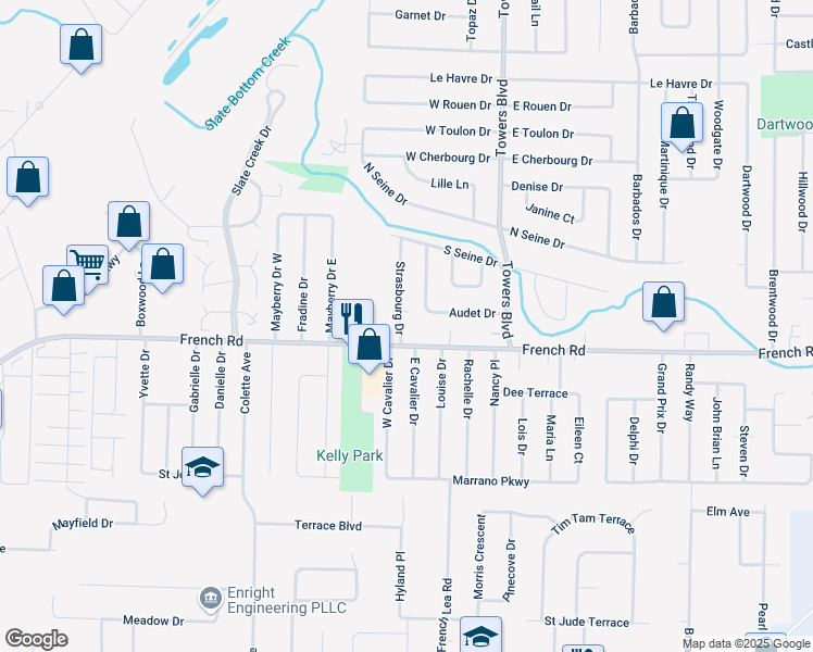 map of restaurants, bars, coffee shops, grocery stores, and more near 13 Strasbourg Drive in Buffalo